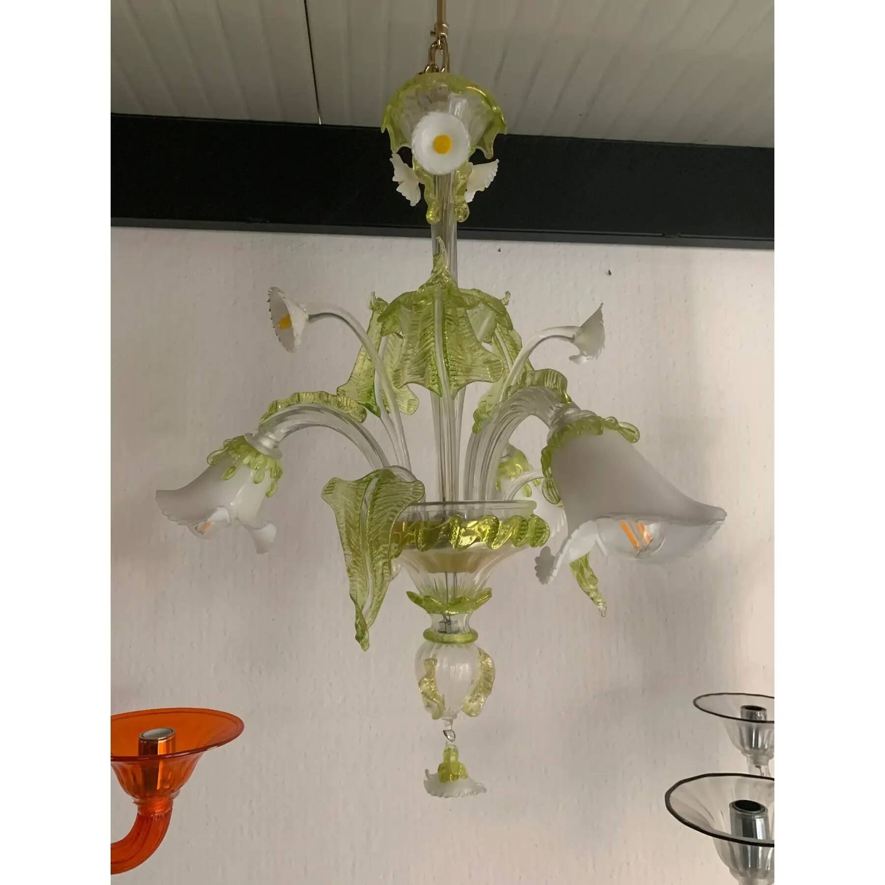 Floral and Green Leaf Milky “Calle” Glass Chandelier