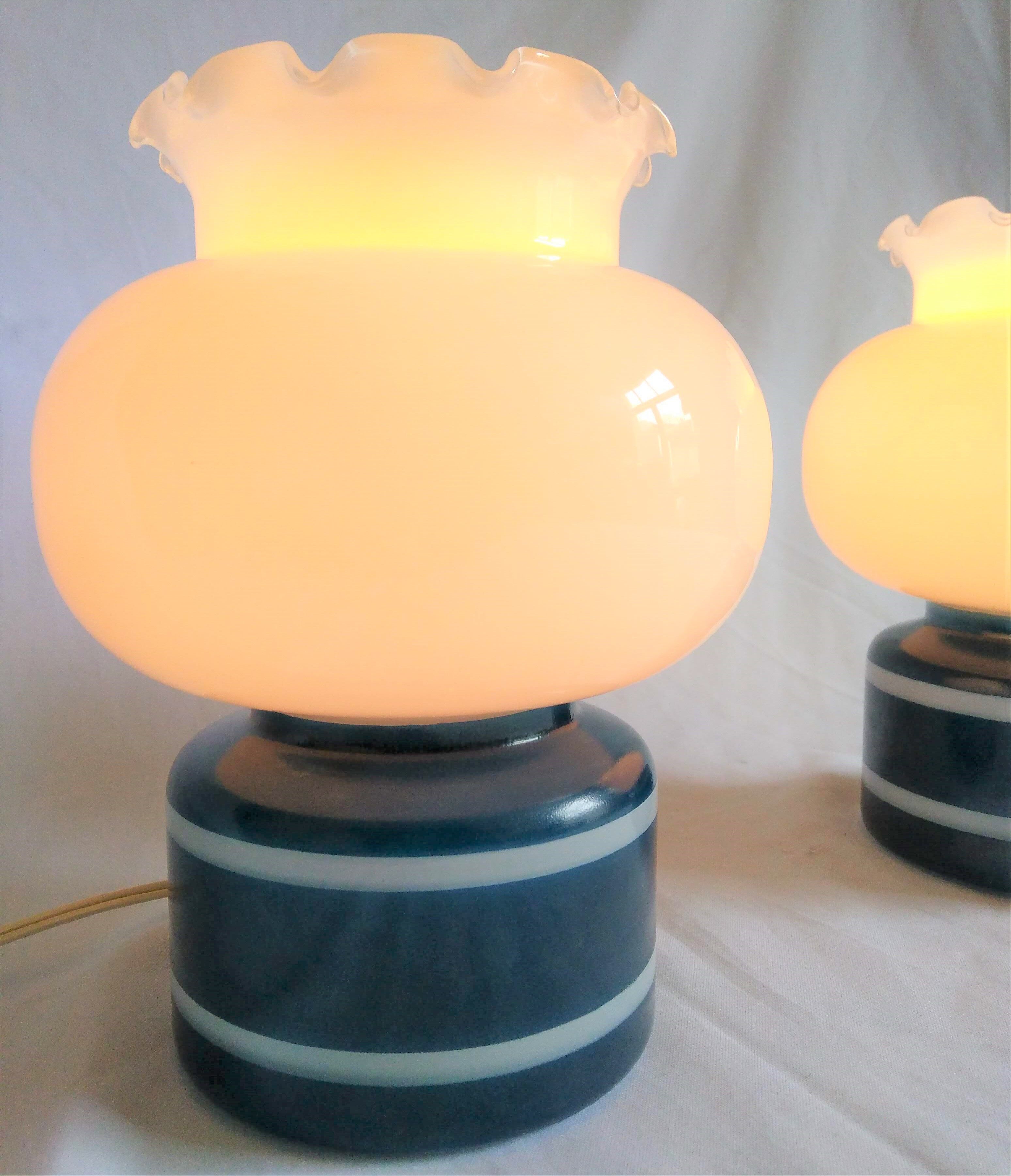 Pair of duck blue and white opaline lamps