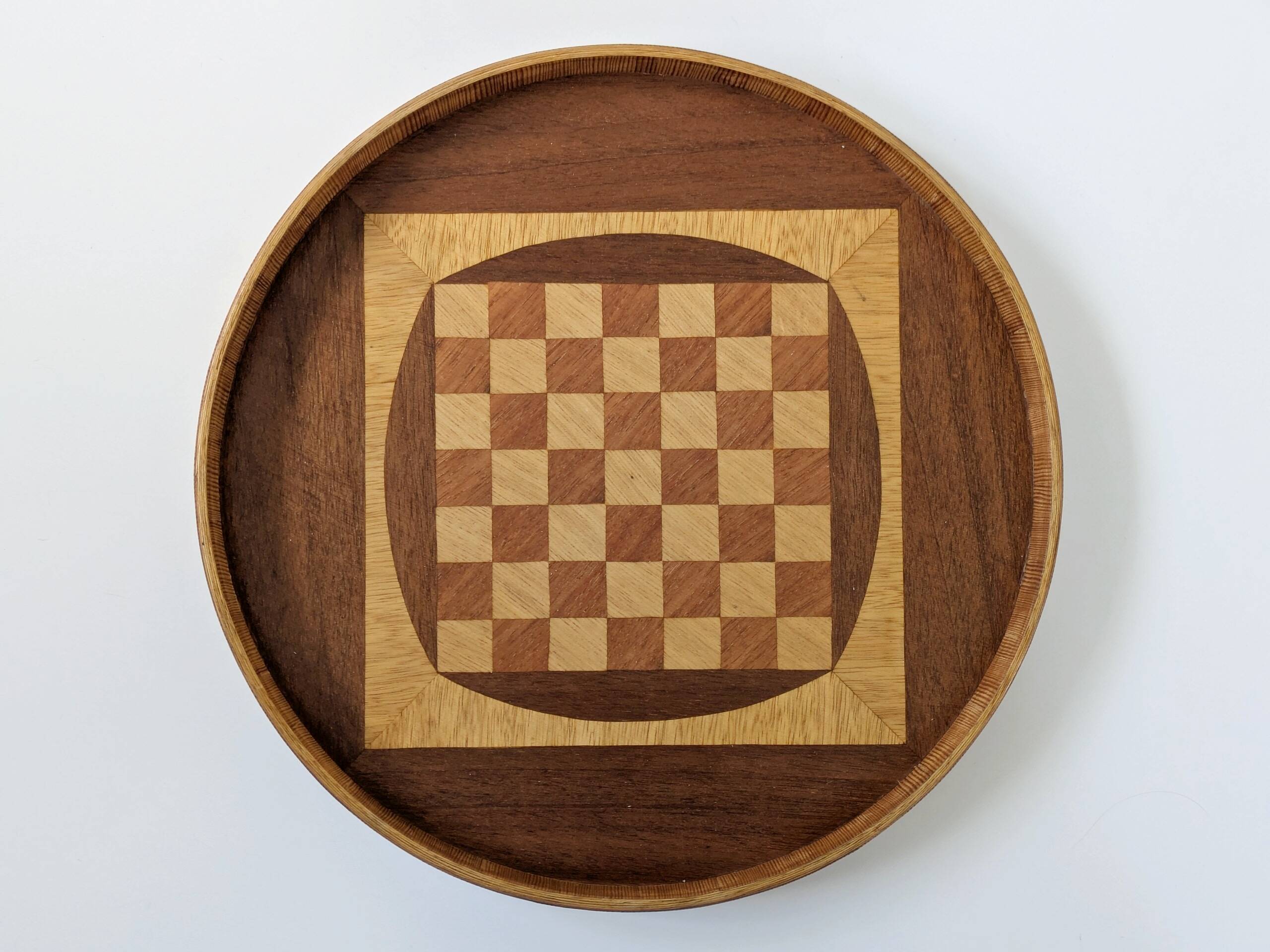 Round checkered tray in marquetry wood, vintage design from the 60s