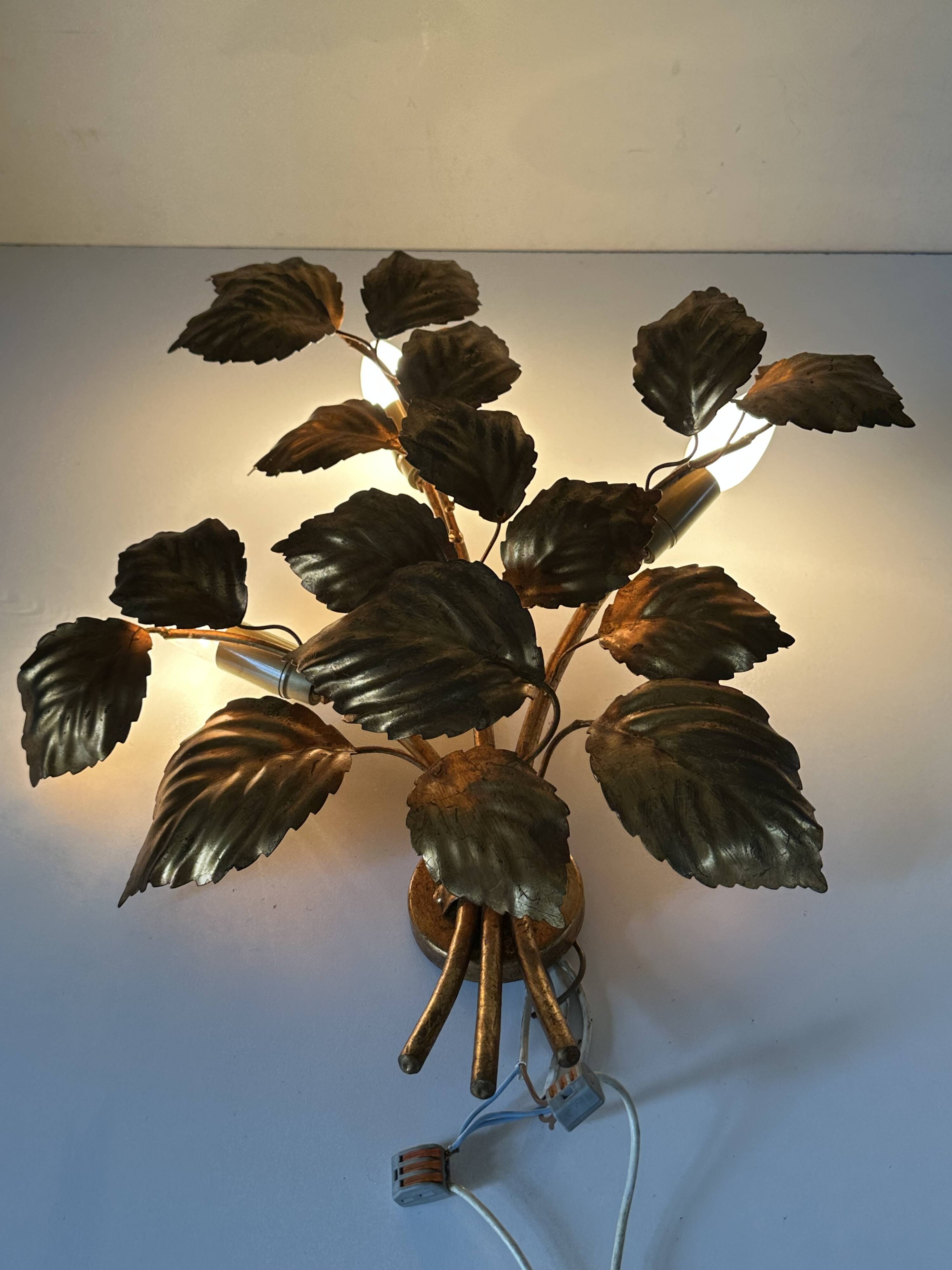 Large golden leaf wall lamp vintage design 70s