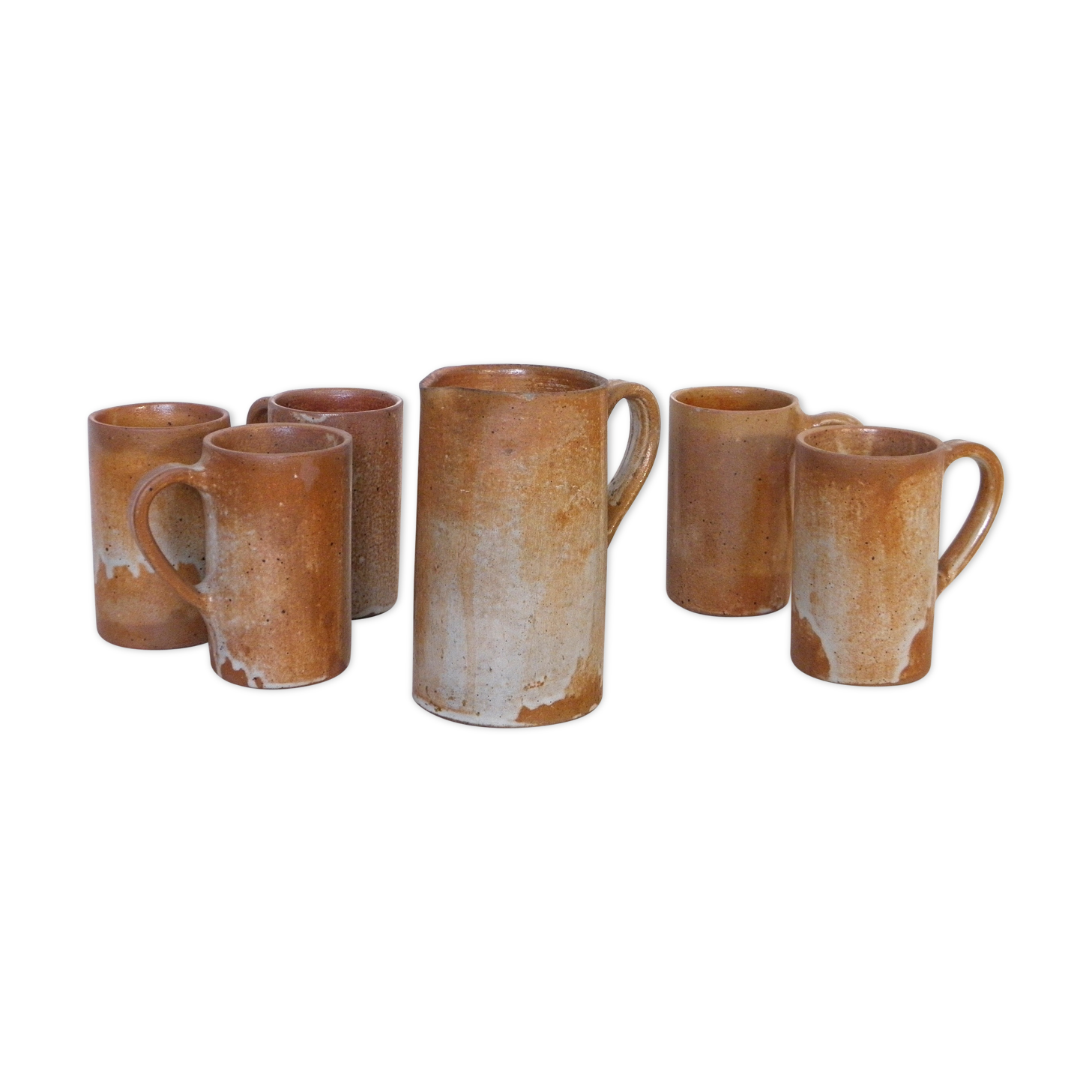 Decanter and enamelled stoneware mugs