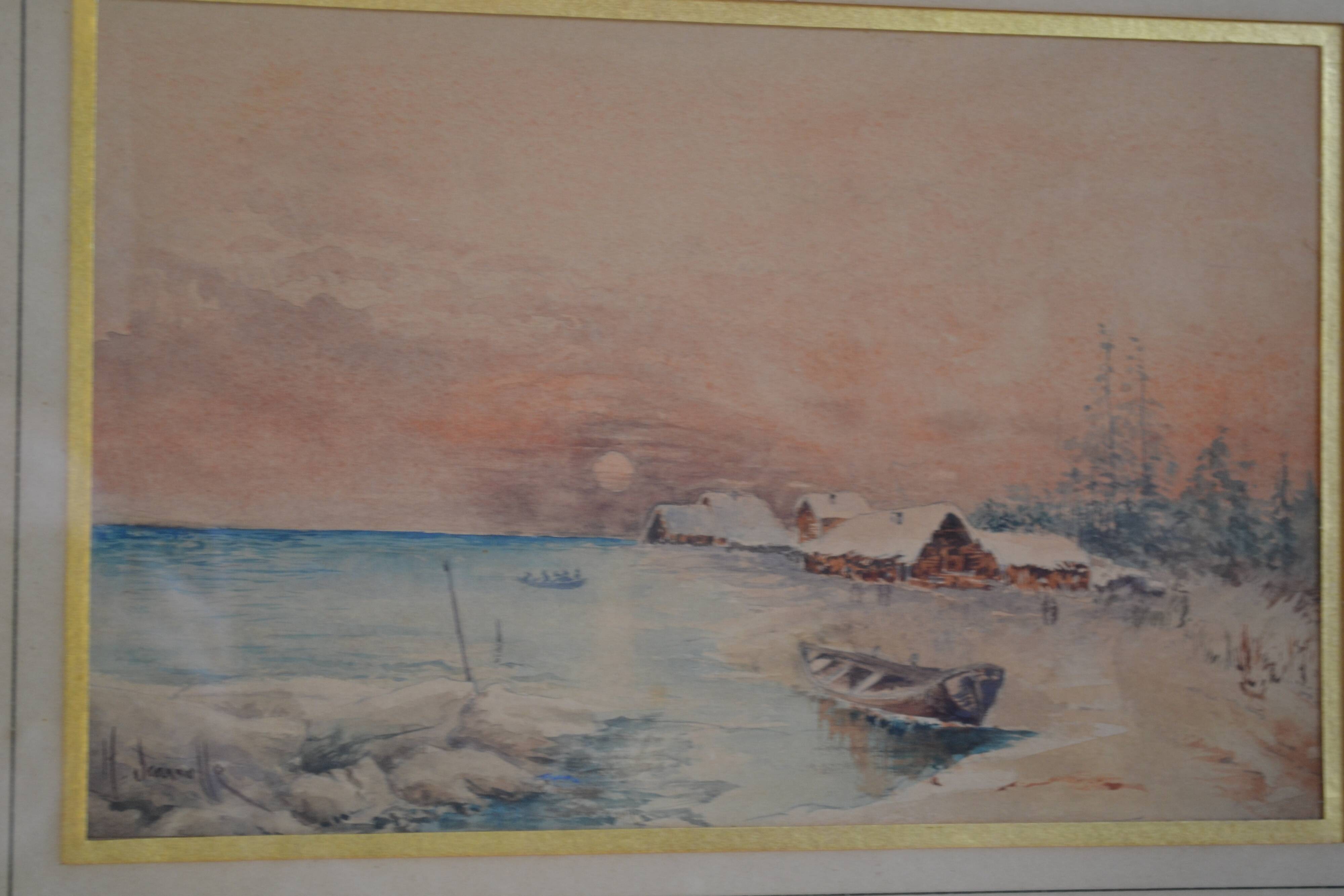 Old watercolor painting of seaside landscape signed H. Jeannolle 19th century