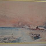 Peinture à l'aquarelle ancienne paysage de bord de mer signé H. Jeannolle XIXe s