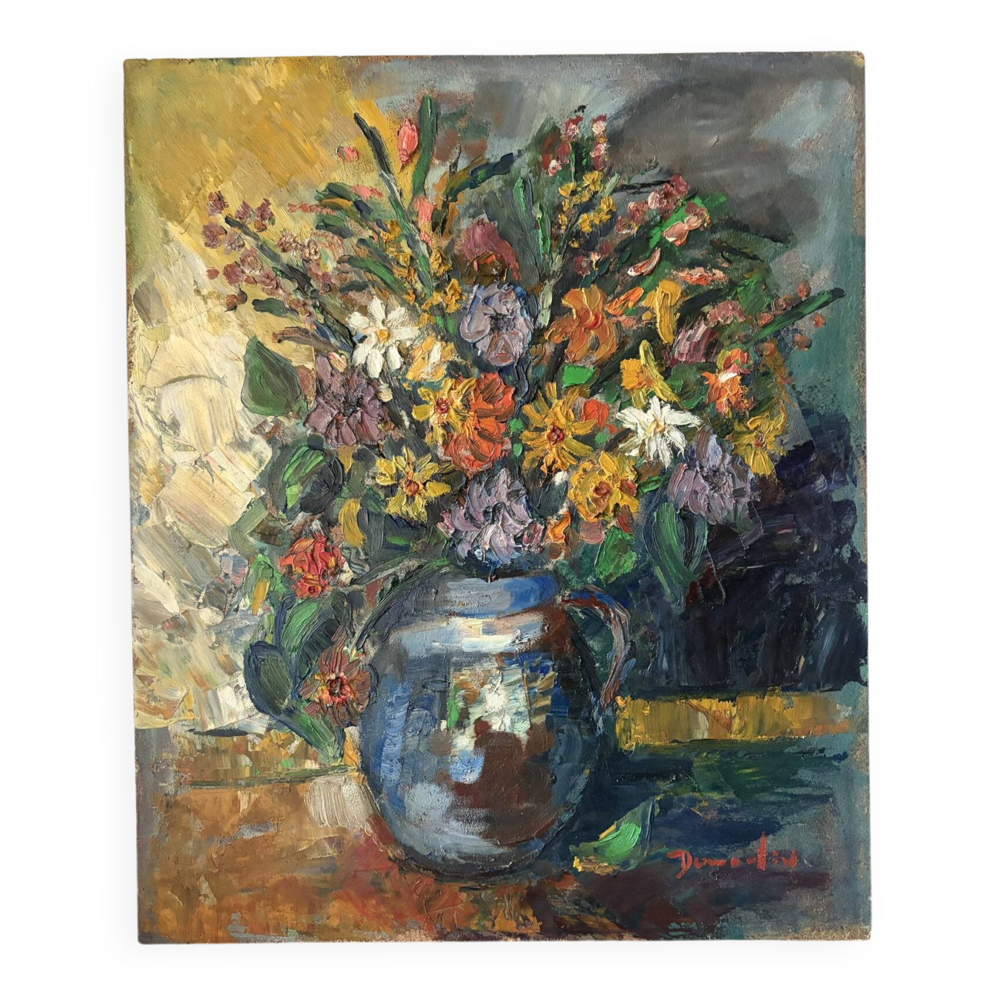 Still life, bouquet, oil with a knife on panel, signed.
