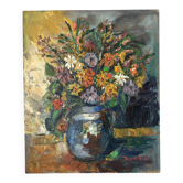 Nature morte, bouquet, huile au couteau sur panneau, signée