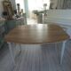 Flap table, pearl gray patinated base, medium oak waxed top.