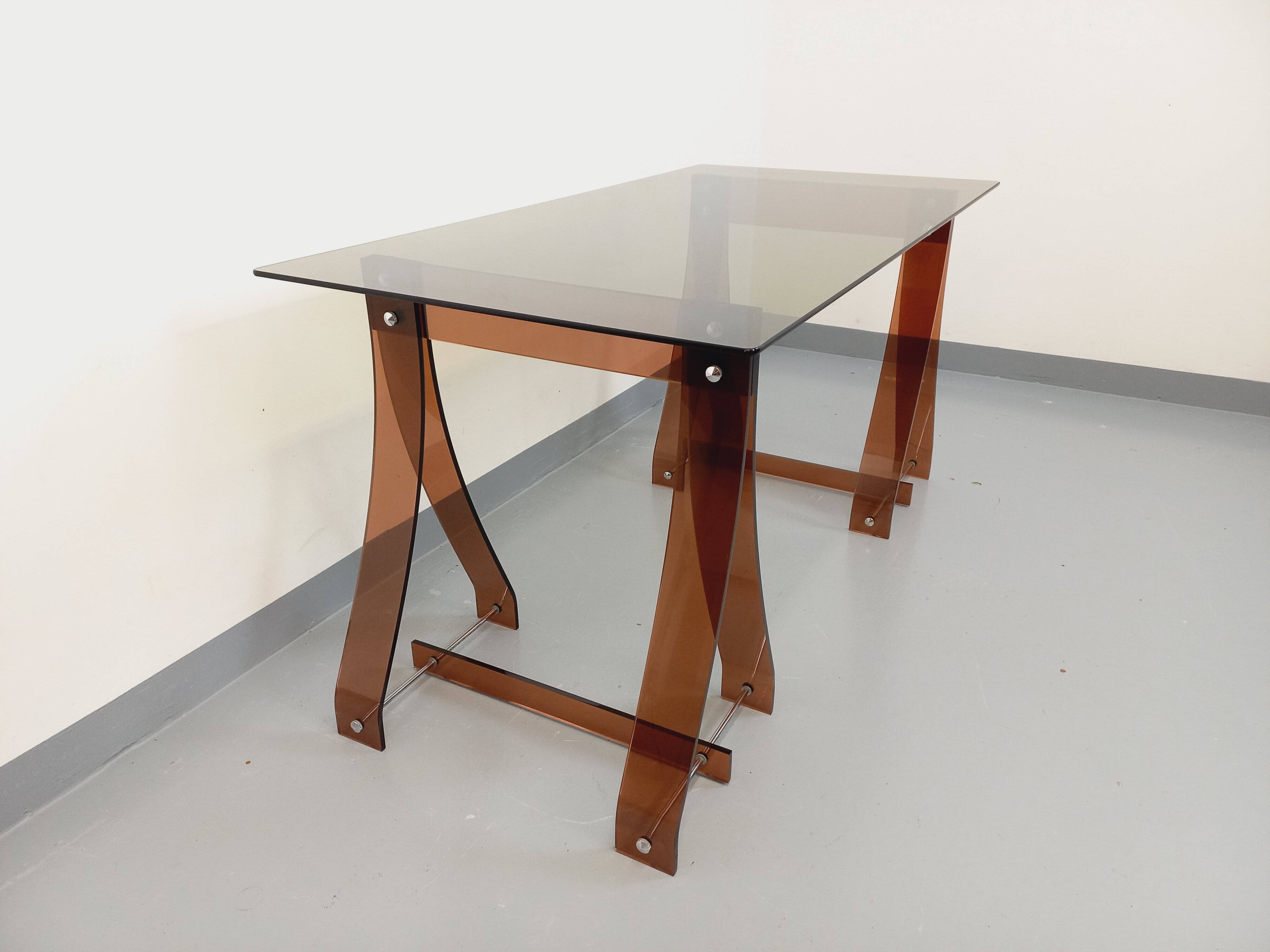 Vintage Marcello Gacita and Pierre Tiberi desk in smoked glass and plexiglass