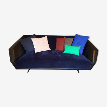 Vintage Blue Velvet sofa Navy black leather and Rosewood