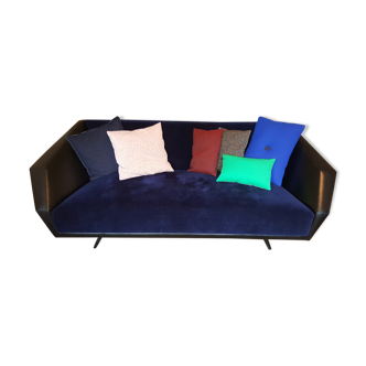 Vintage Blue Velvet sofa Navy black leather and Rosewood