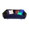 Canapé vintage en velours bleu marine cuir noir et palissandre
