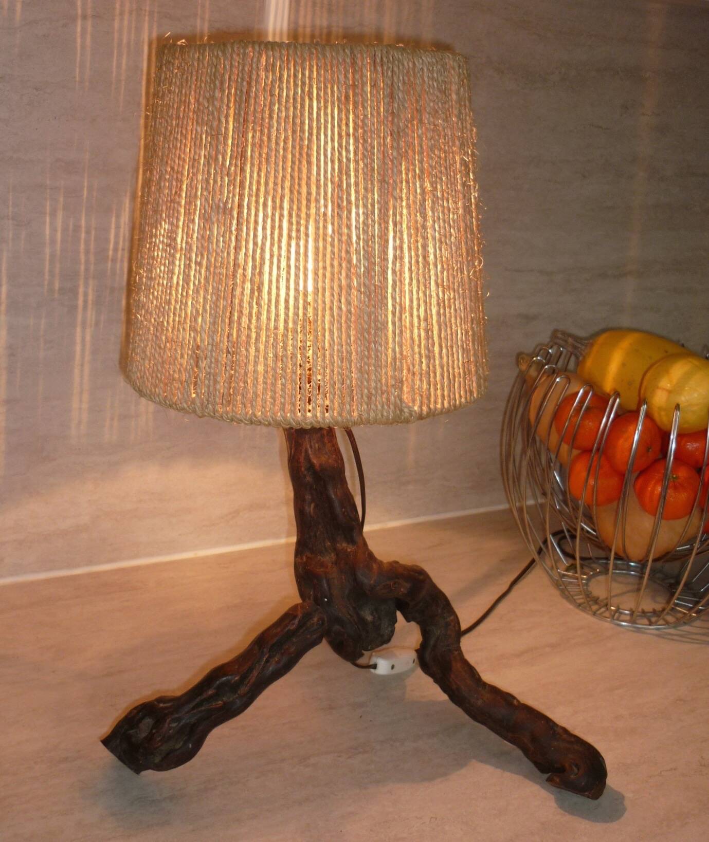 Brutalist lamp in vine stock and vintage rope or fabric lampshade