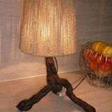 Brutalist lamp in vine stock and vintage rope or fabric lampshade