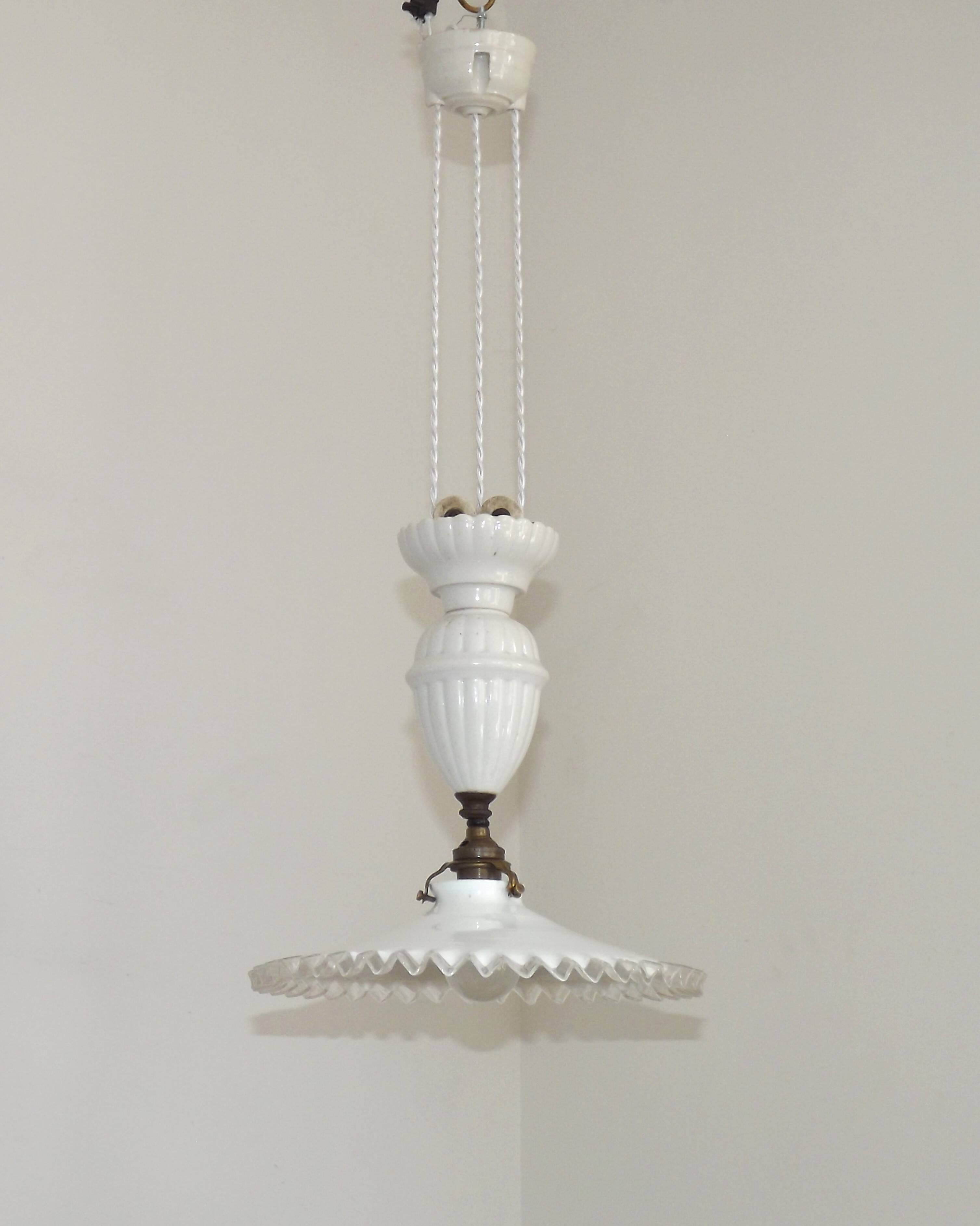 French Counter Balance Ceiling Light White Porcelain & Opaline Glass Shade