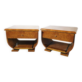Paire de tables de chevet Art déco en ronce de noyer et laiton