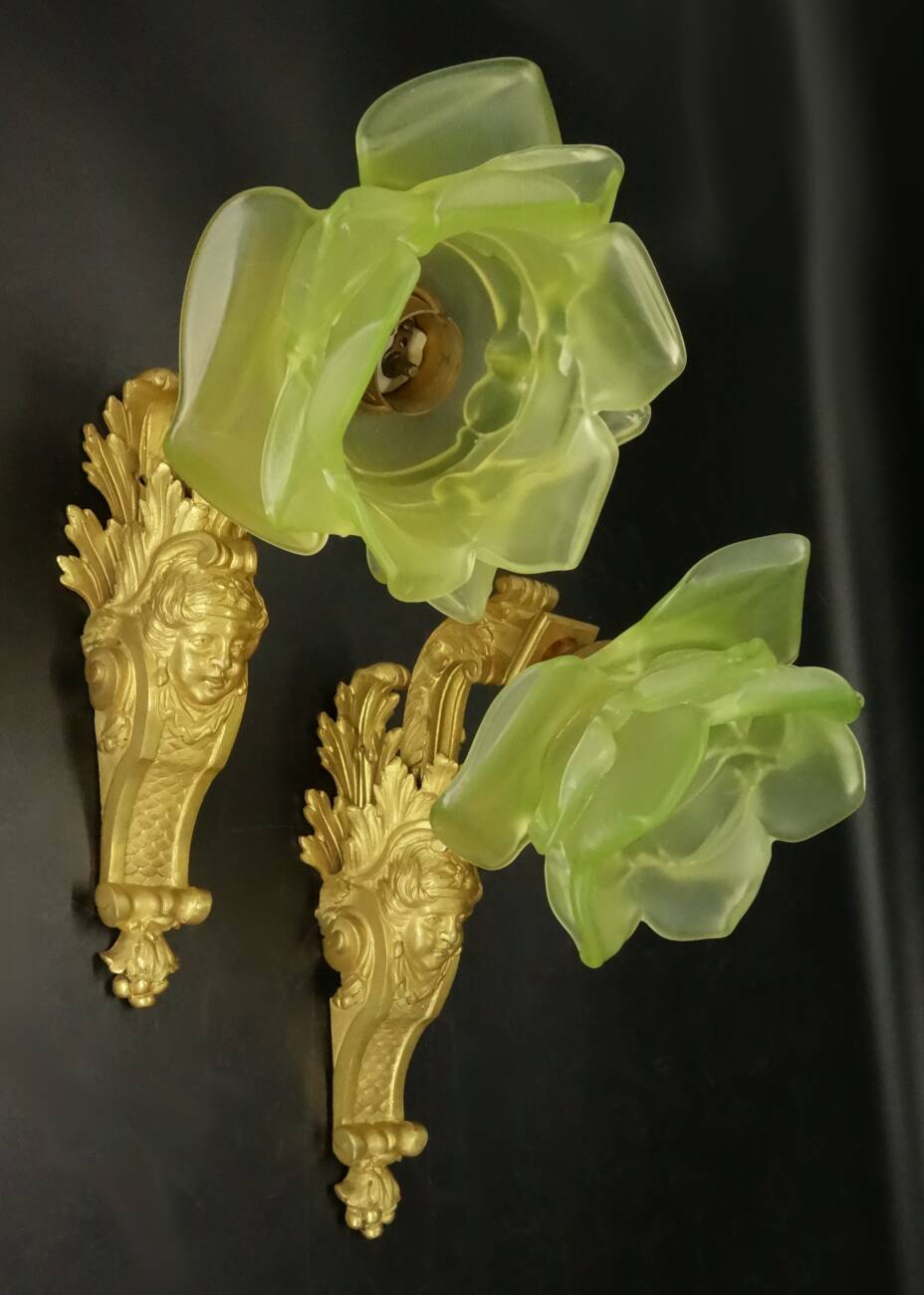 Pair of 19th century Louis XV style wall lights - bronze & green tulips