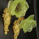 Paire d'appliques style Louis XV du XIXe - bronze & tulipes vertes