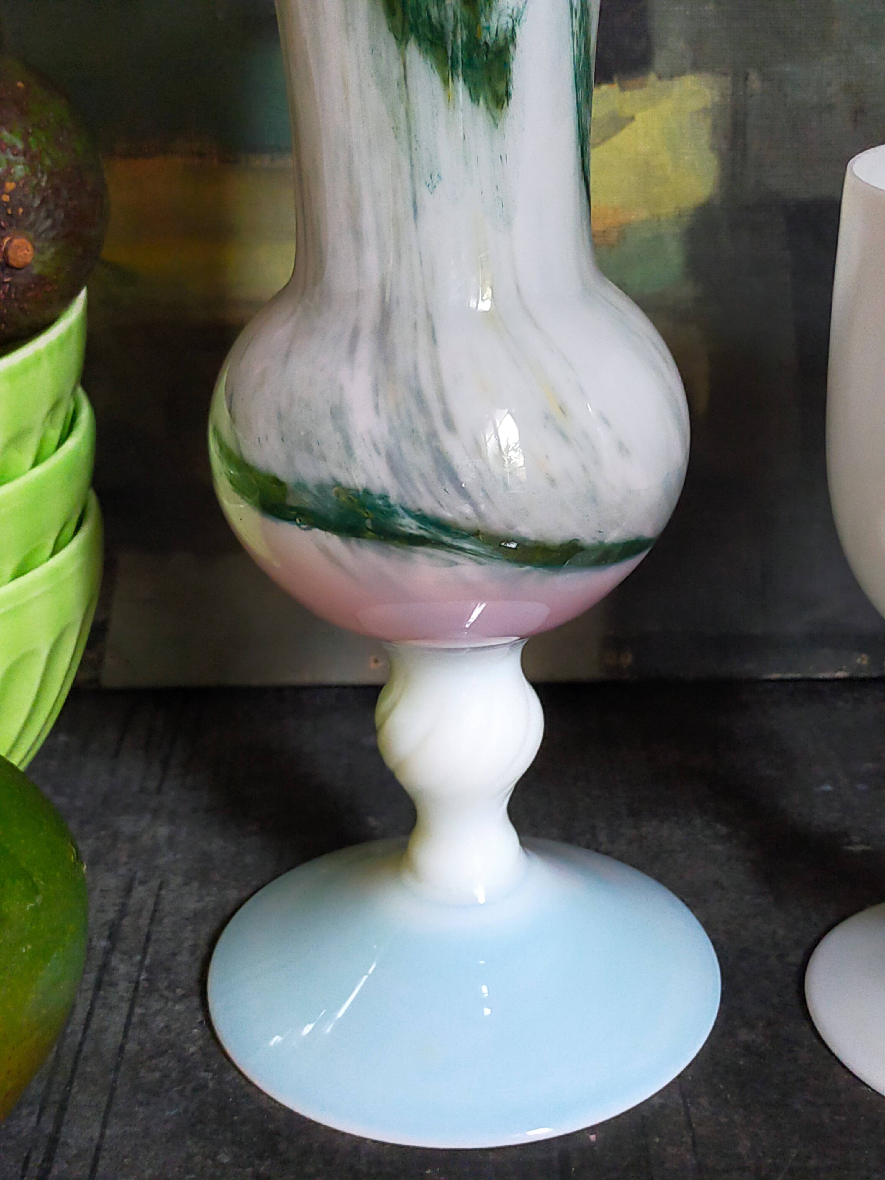 Vase on foot in opaline and vintage blown glass 30 cm