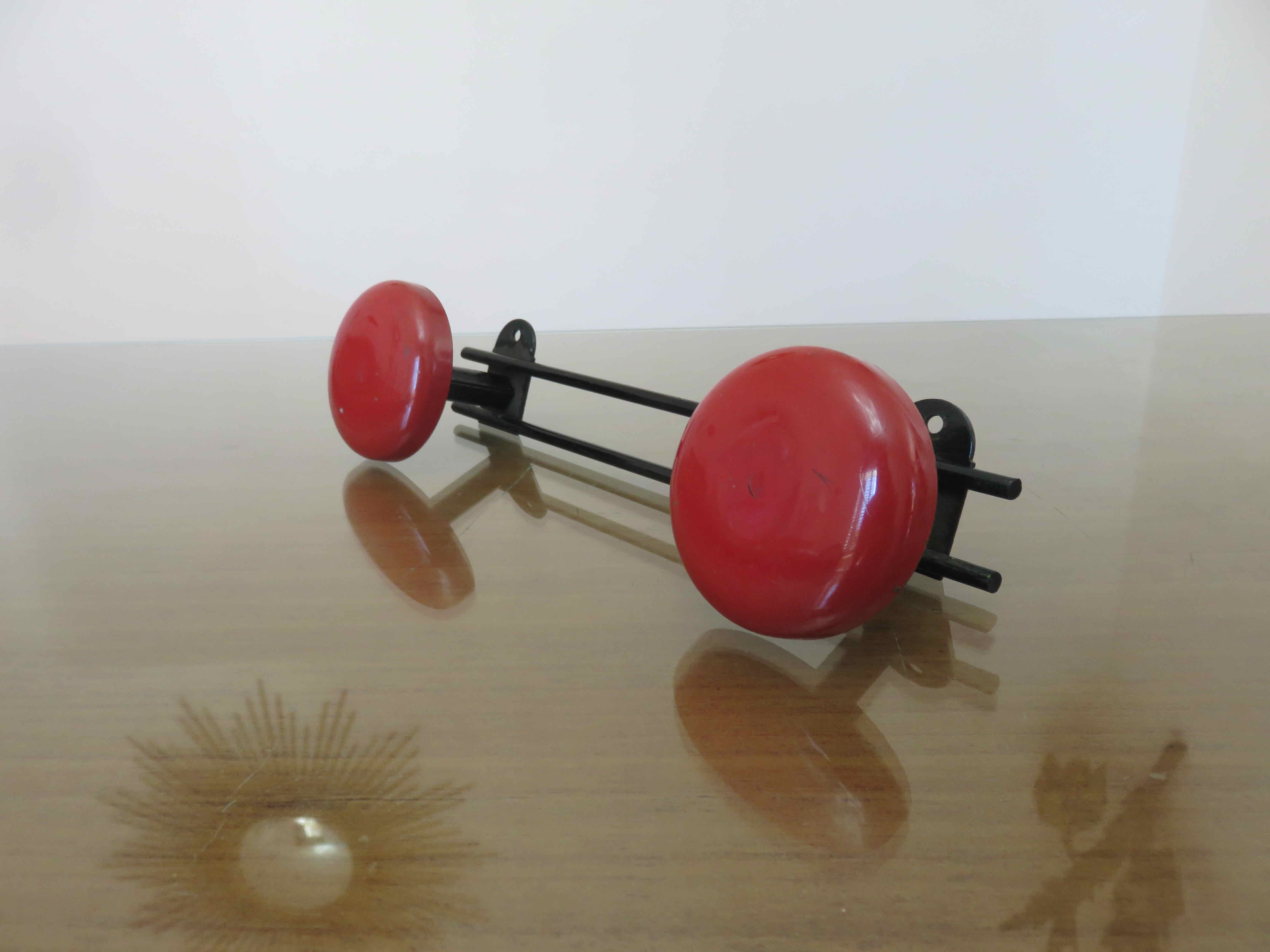 Wall coatrack in red metal, 2 hooks, 60s-70s