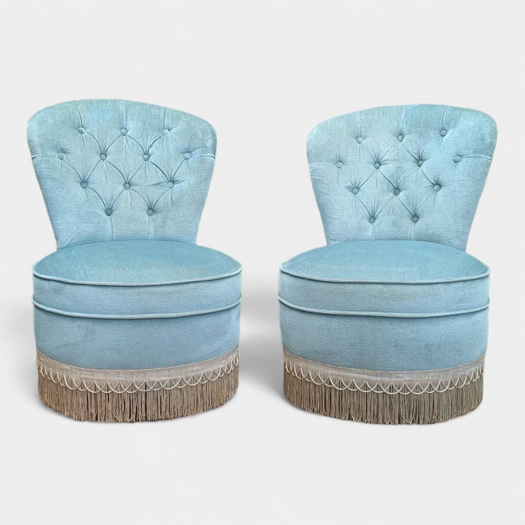 Pair of vintage blue velvet upholstered toad armchairs from the 1970s