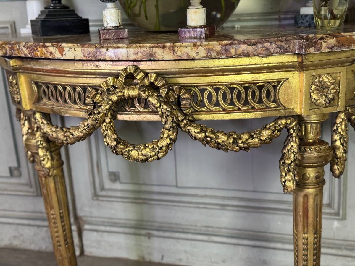 Louis XVI console table in carved and gilded wood, Jura brocatelle marble, 18th century