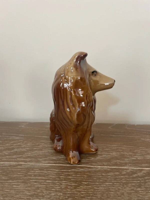 Vintage brown handmade ceramic Collie dog figurine decoration.