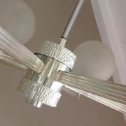 Six-light chrome metal chandelier and opaque glass globes / vintage 60s and 70s