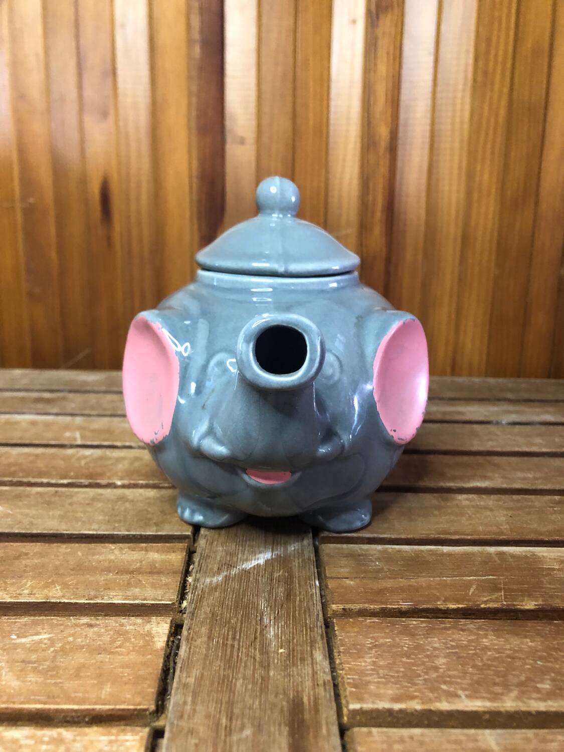 Old teapot elephant shape gray & pink ceramic vintage #a472