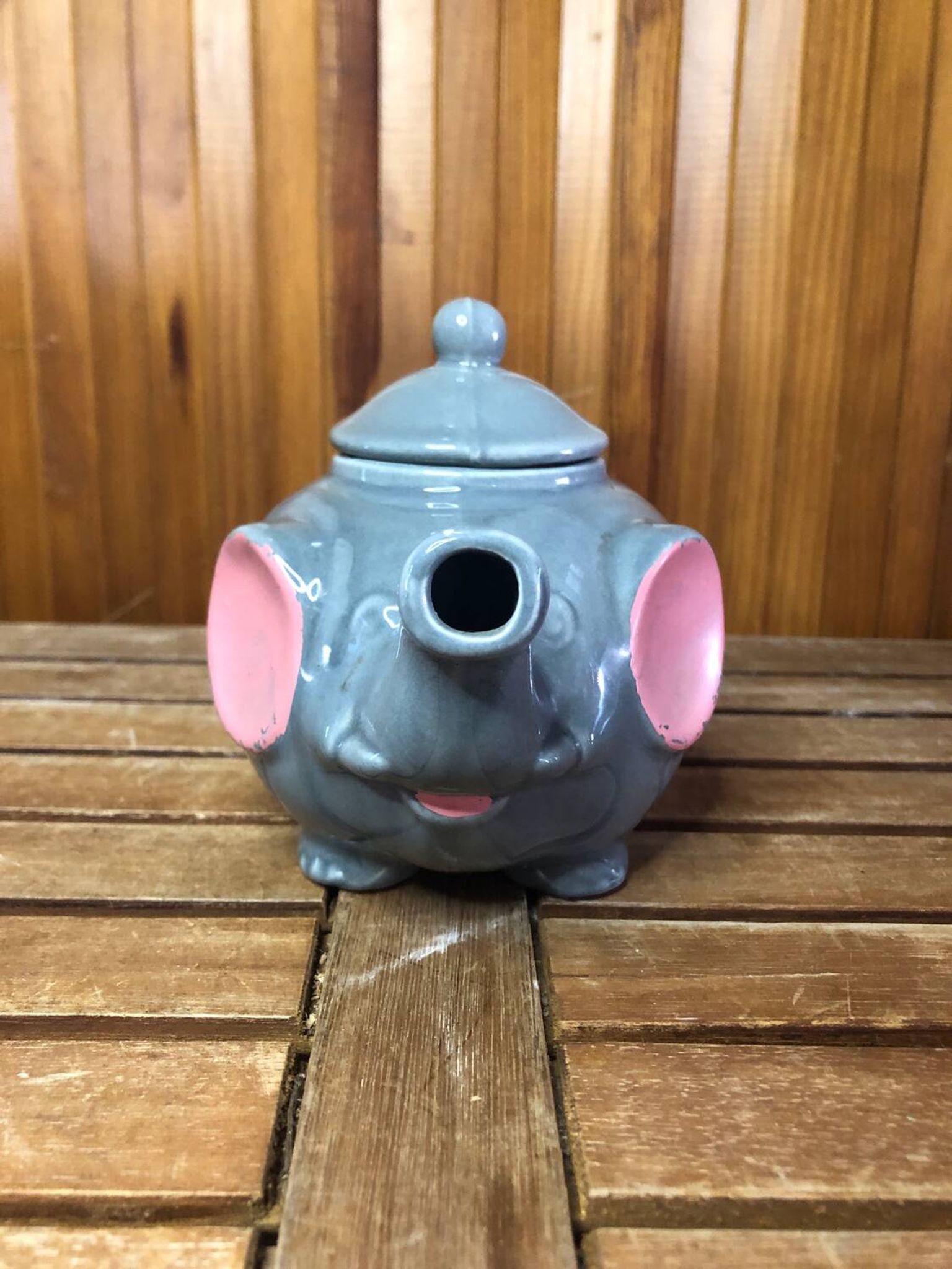 Ancienne théière forme éléphant céramique grise & rose vintage #a472