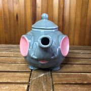 Ancienne théière forme éléphant céramique grise & rose vintage #a472