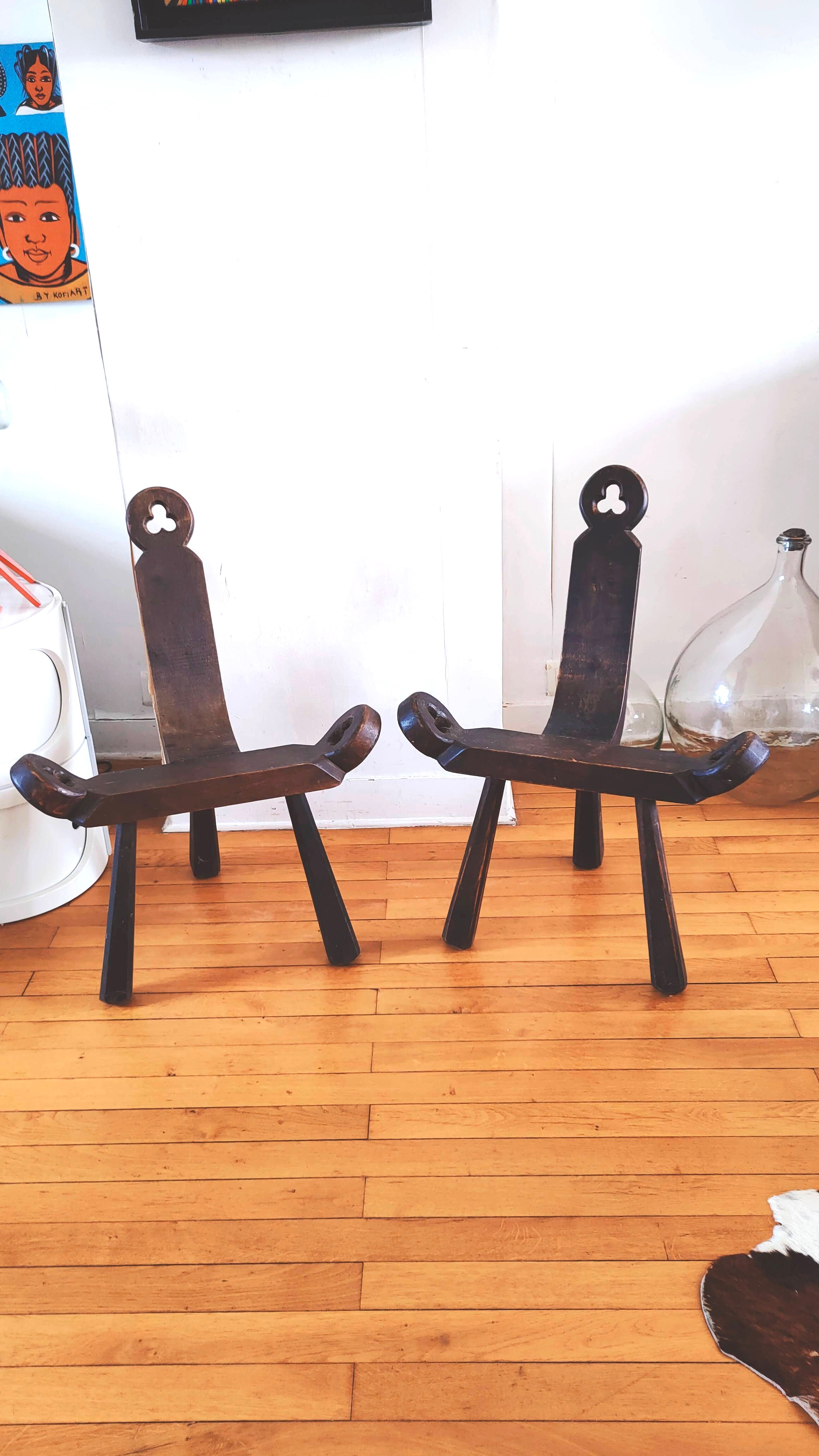 Pair of brutalist chairs tripod feet