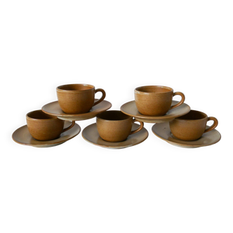 Set of 5 stoneware coffee cups and saucers 1970