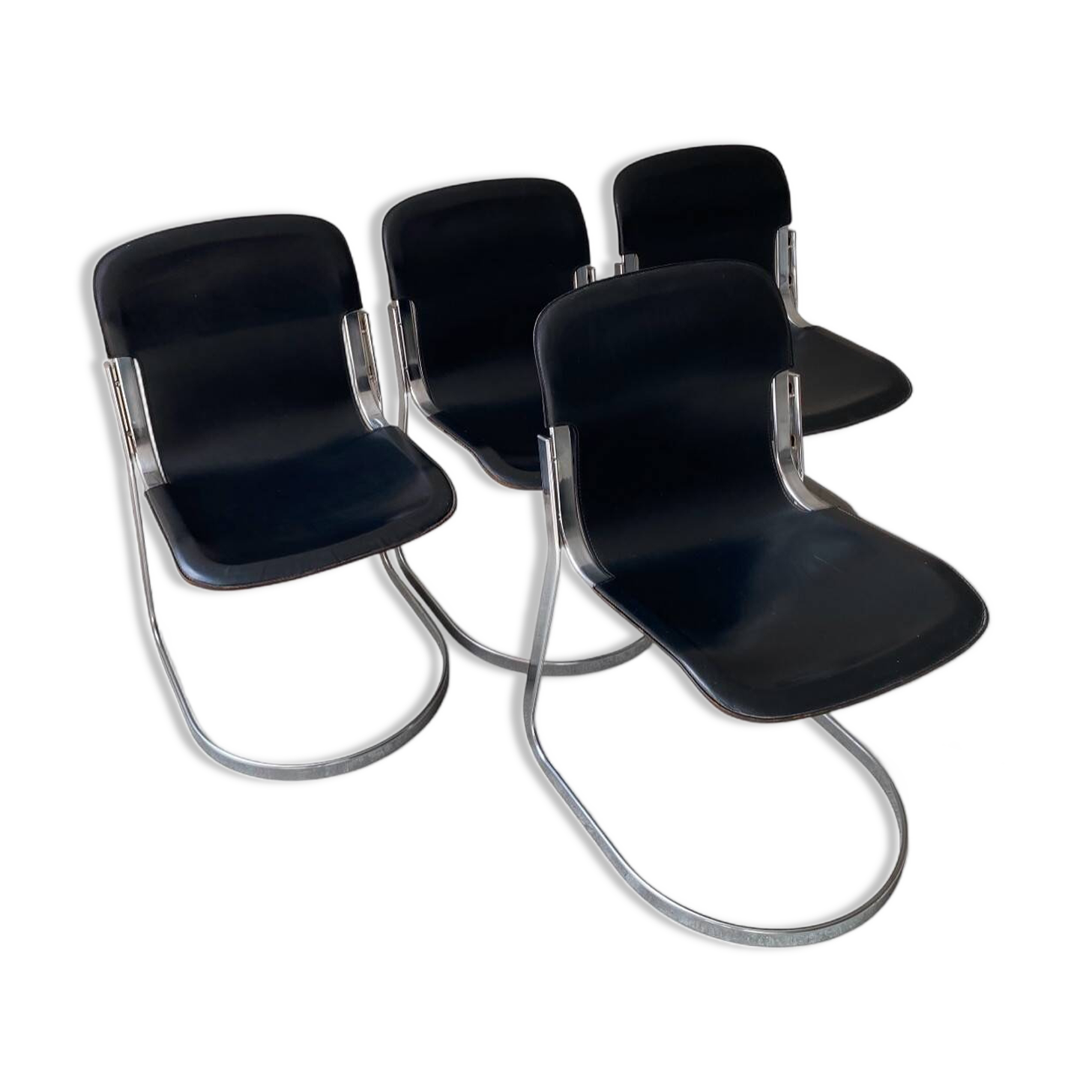 4 leather and chrome metal chairs attributed to Willy Rizzo, 1970s