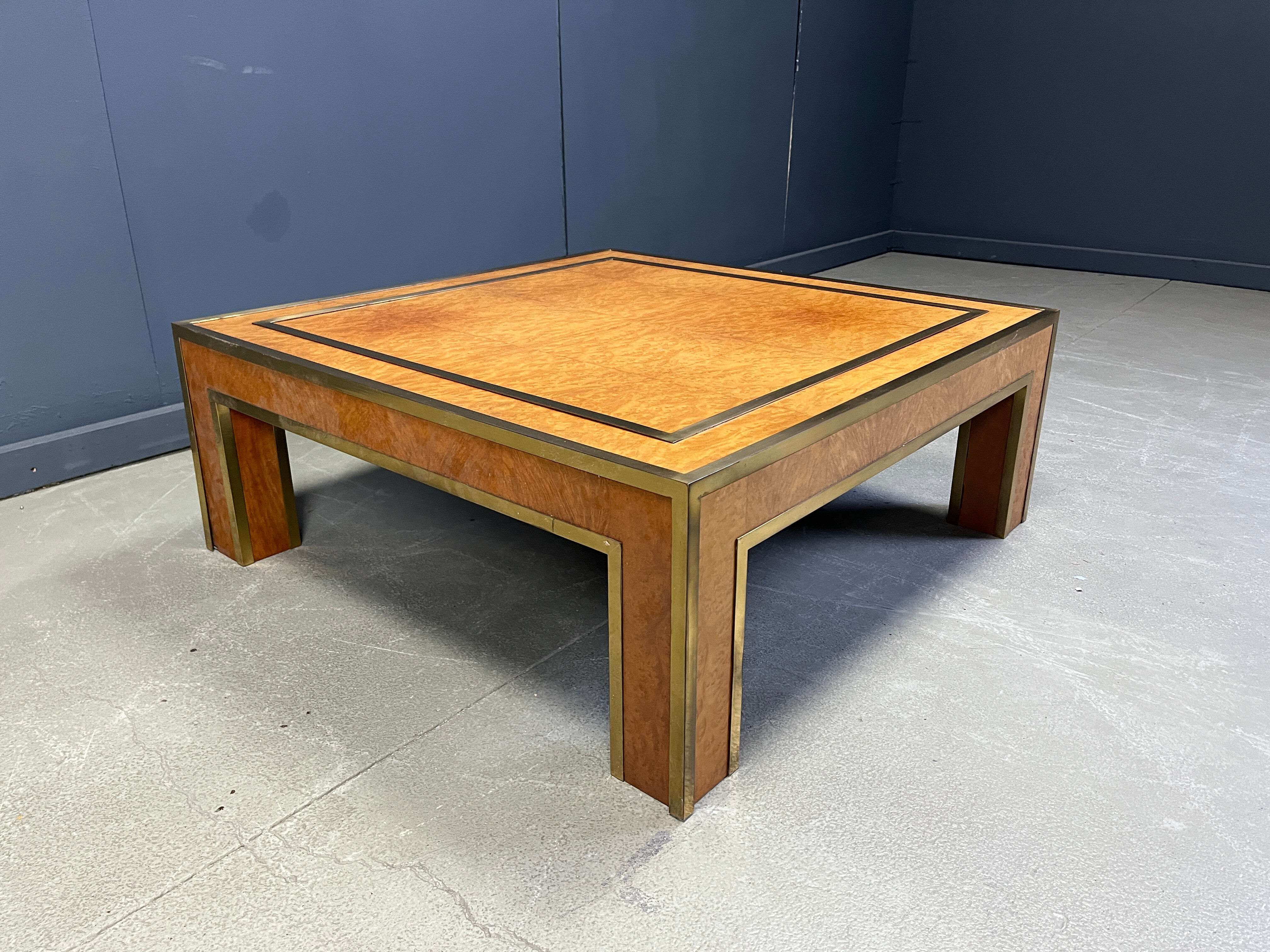 Brass and burl wood coffee table by Jean Claude Mahey, 1970s
