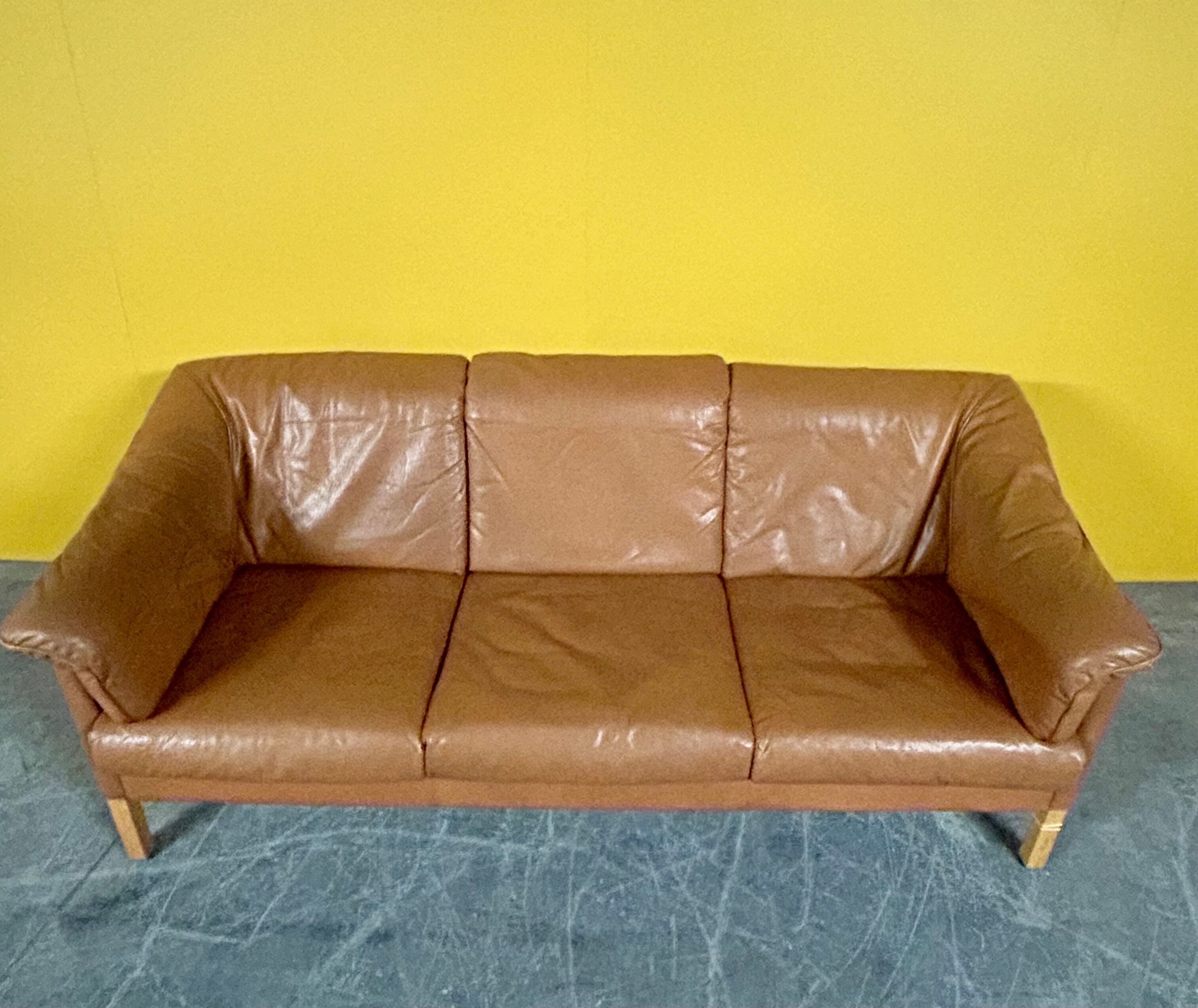 Danish three seater tan leather Stouby sofa