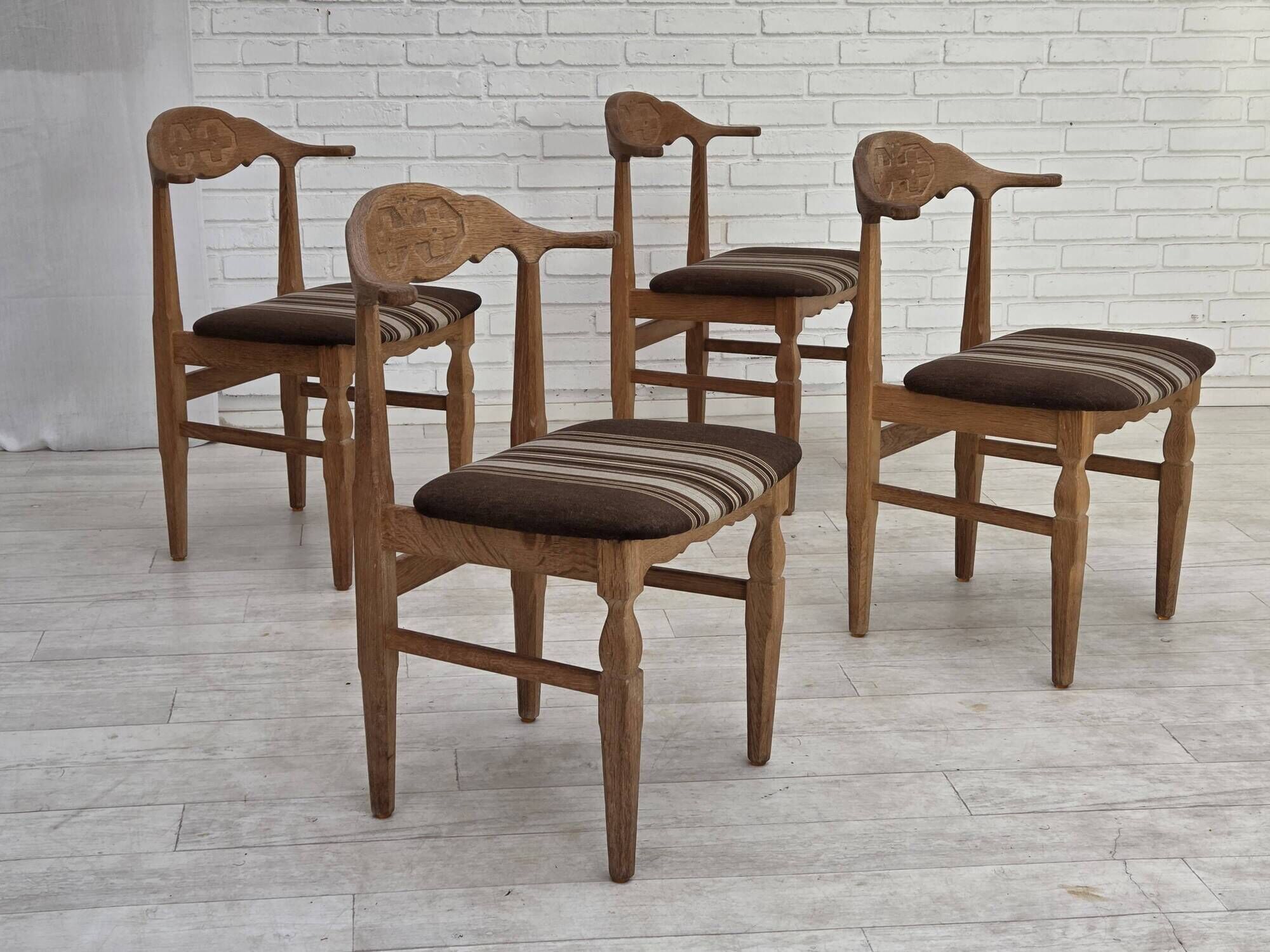 1960s, Danish design by Henning Kjærnulf, et of 4 chairs, wool, oak wood.