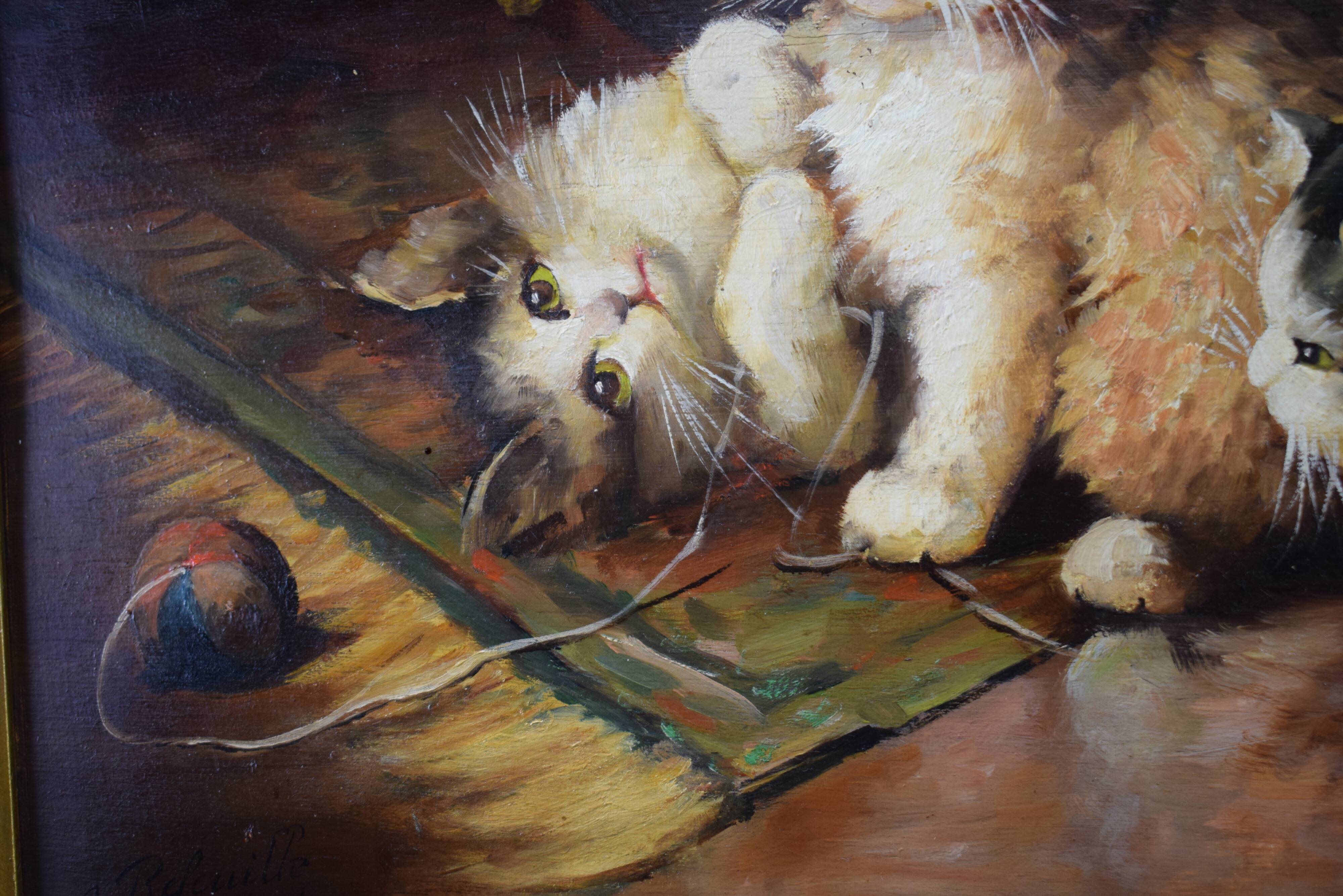 Oil painting on panels kitten playing by Leon Huber