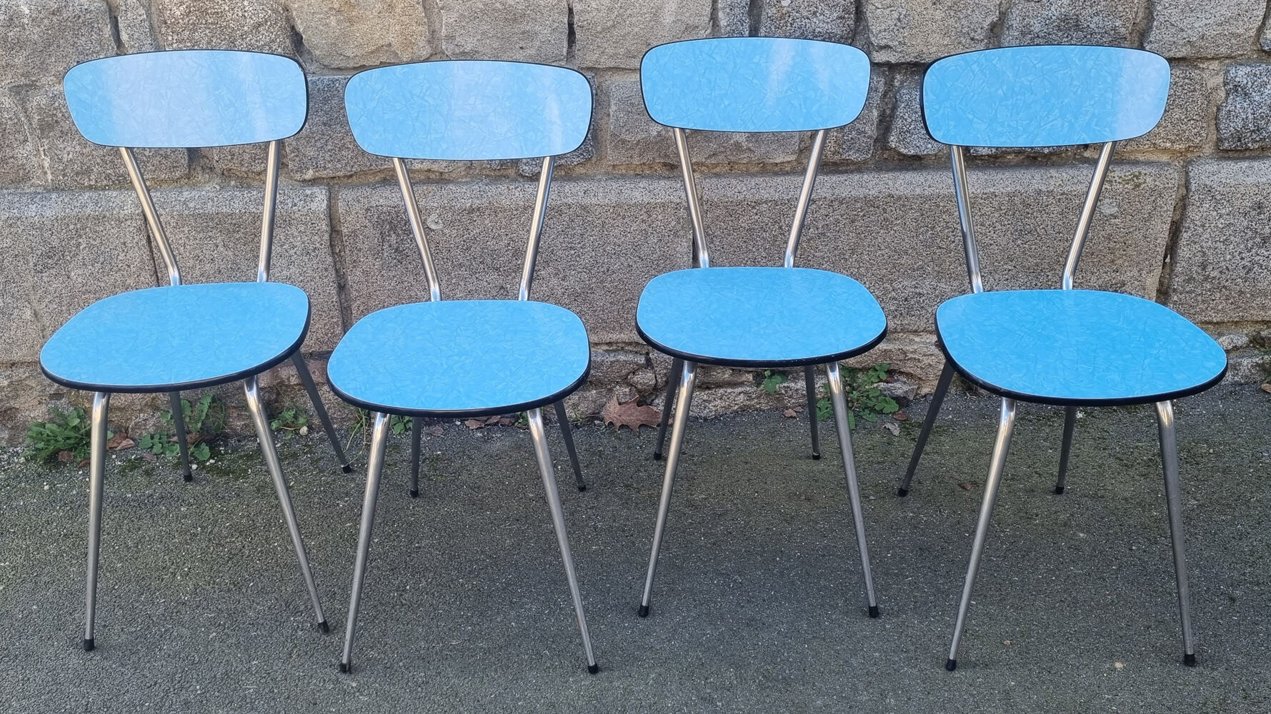 Blue formica set Jafae and its 4 vintage chairs, 70s