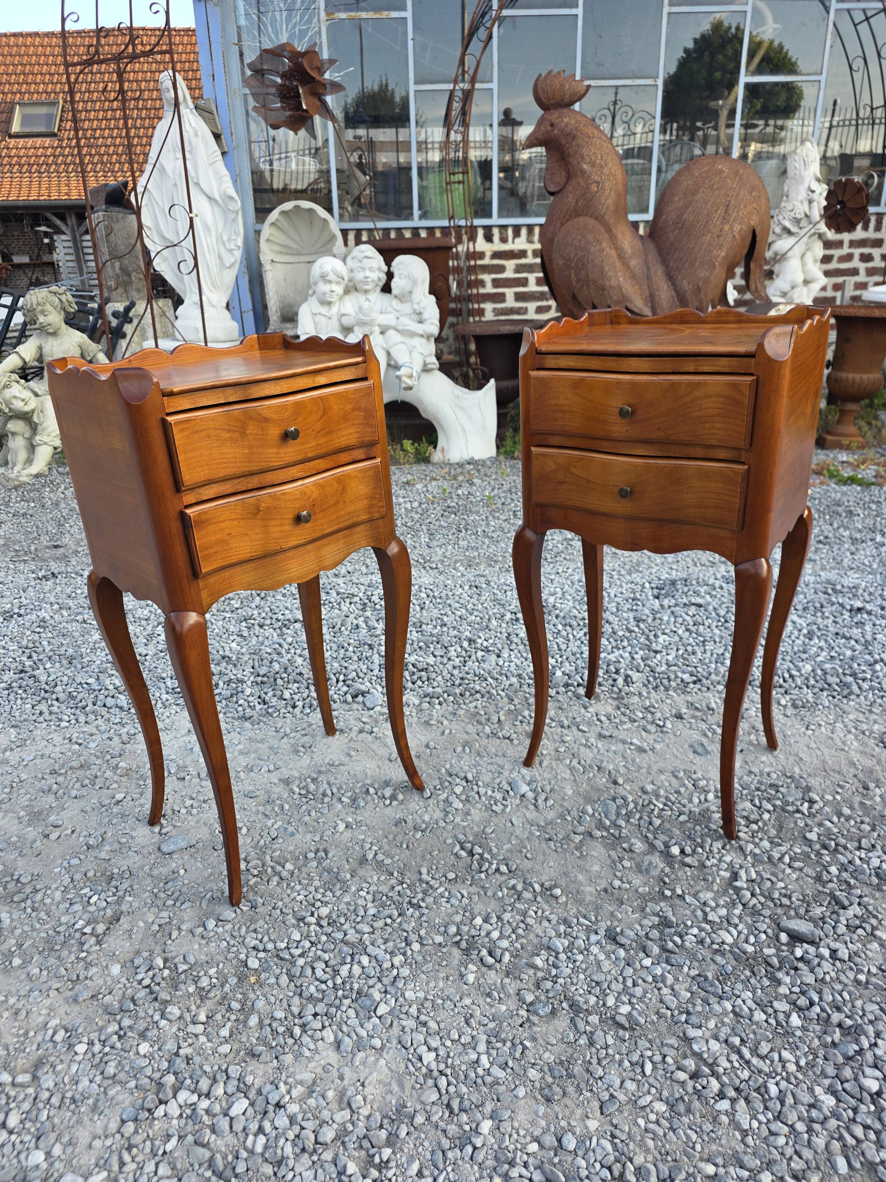Pair of Louis XV style bedside tables in solid cherry wood.