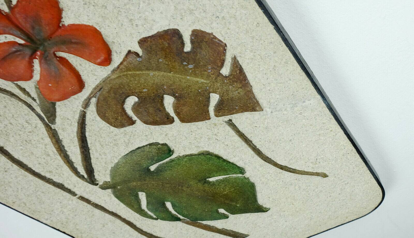 Mid century ceramic and plaster wall tile floral decor leaves and blossoms 1950s wgp
