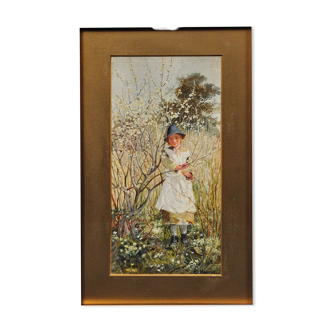 Painting Edwin Harris 1855 - 1906, child picking spring blossom, framed watercolour