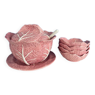 Soup tureen and bowl set with pink cabbage slip