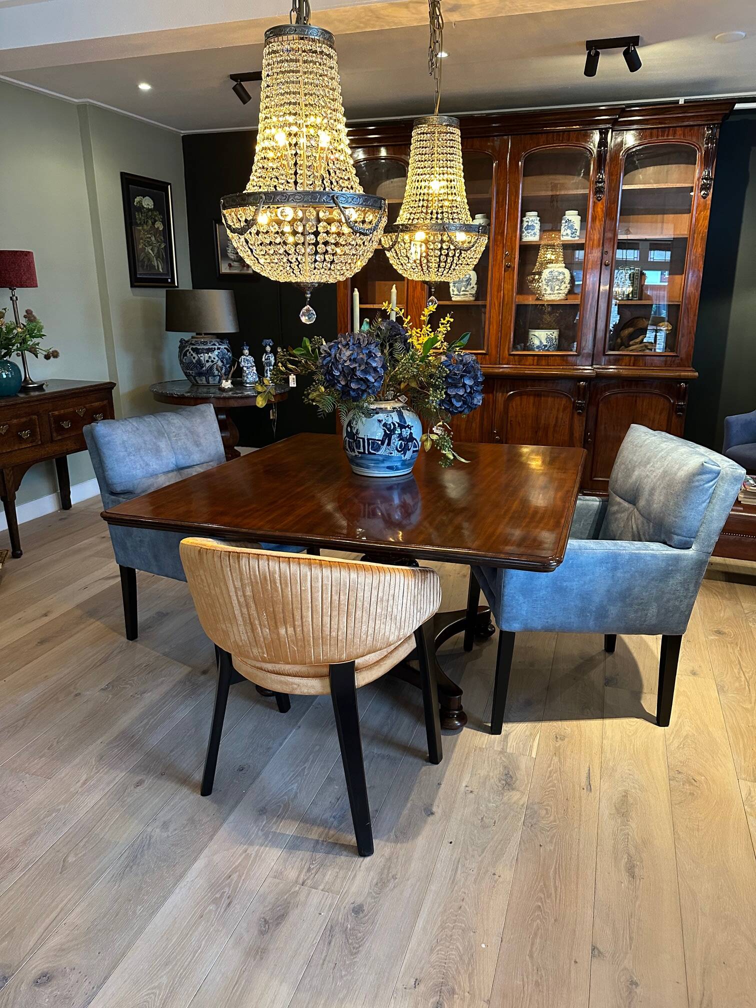 19th century almost square antique mahogany dining table.