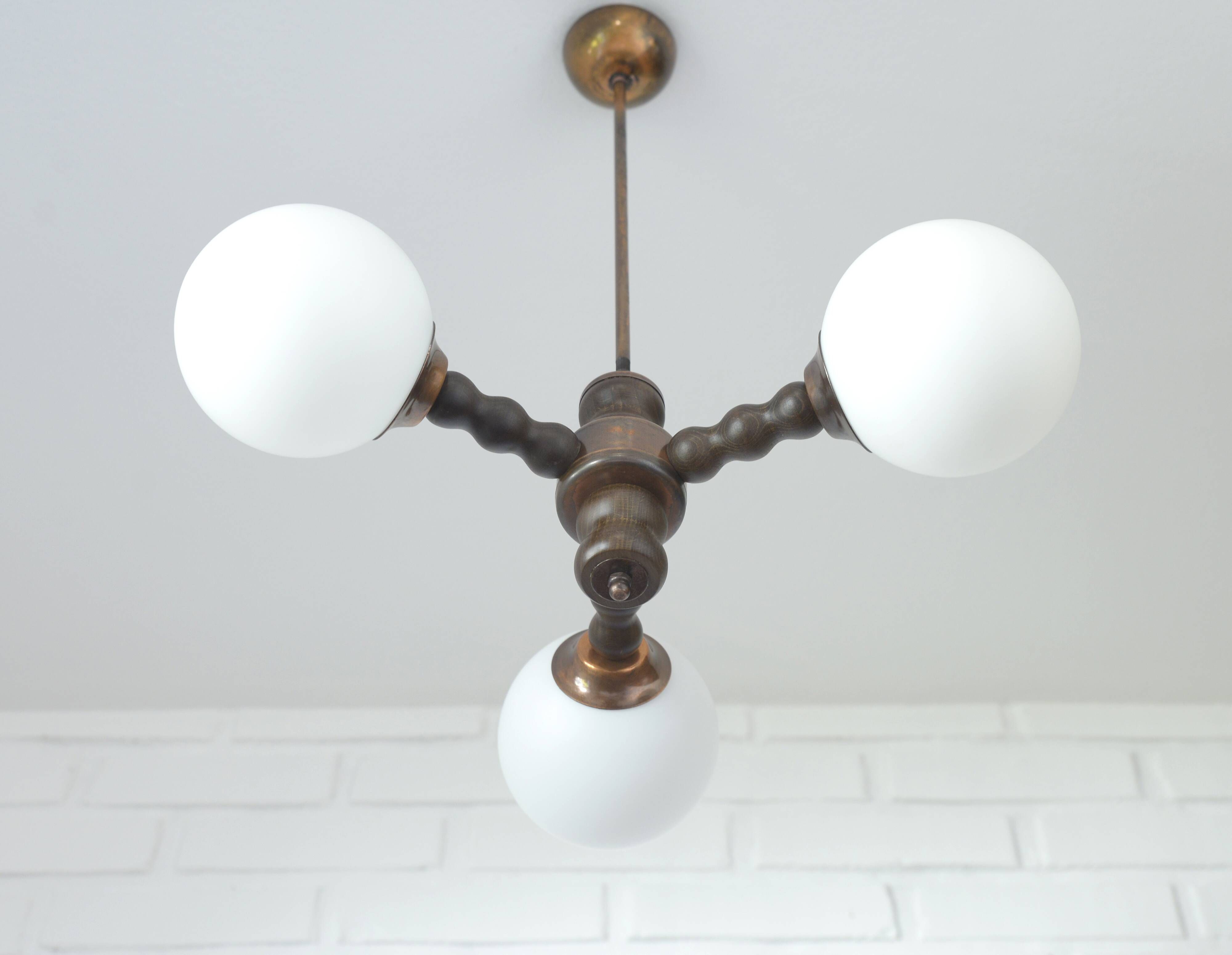 Wooden Sputnik Chandelier Vintage Pendant Lamp Rustic Hanging Light 1970's