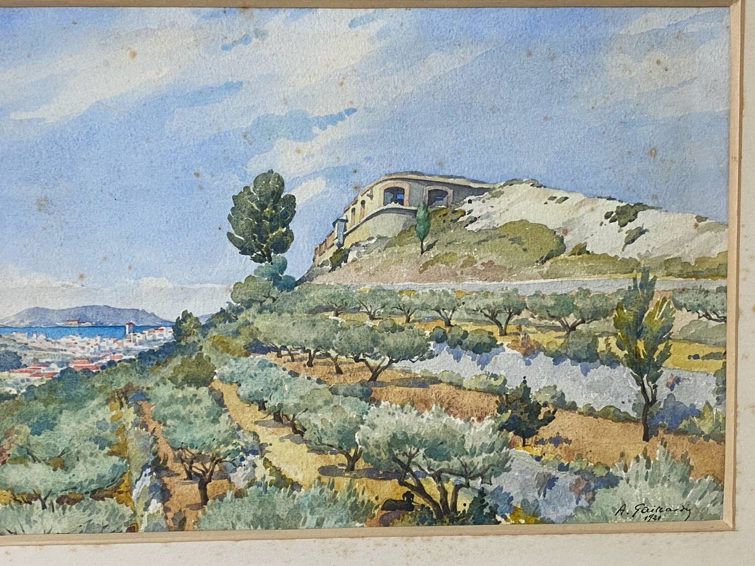 Watercolour landscape of Provence "the fort on the town", early 20th century.