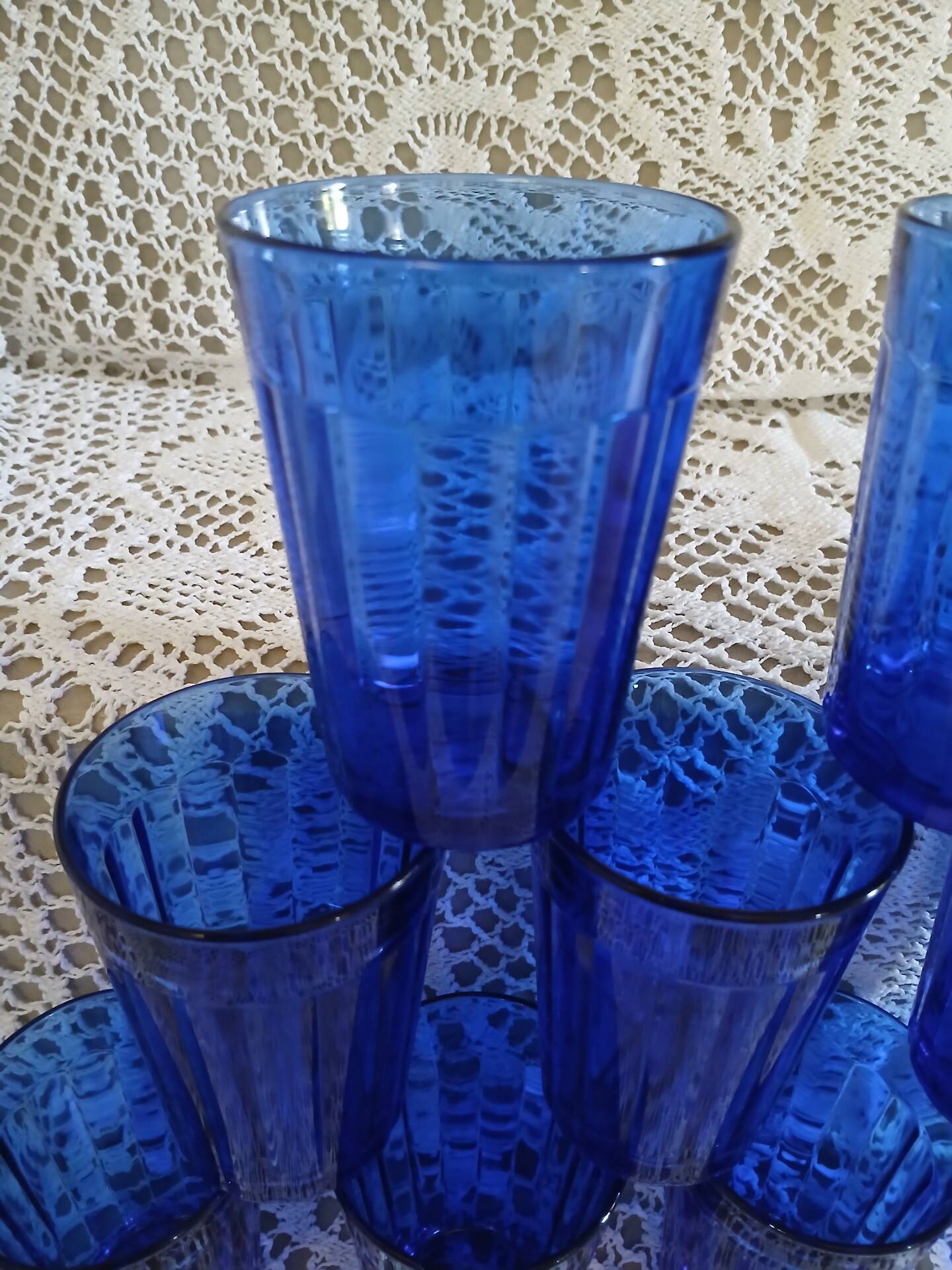 9 antique cobalt blue water glasses