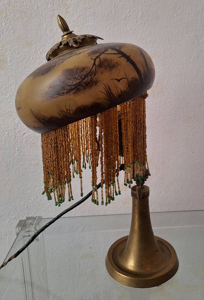 Antique signed reverse painted bronze table lamp, 1910-20