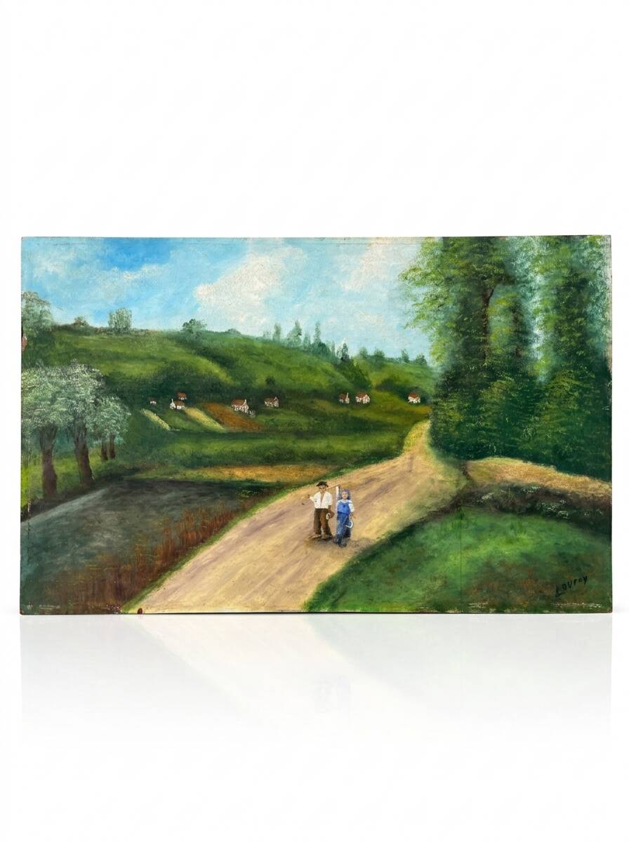 Oil painting landscape countryside signed Louroy - Characters
