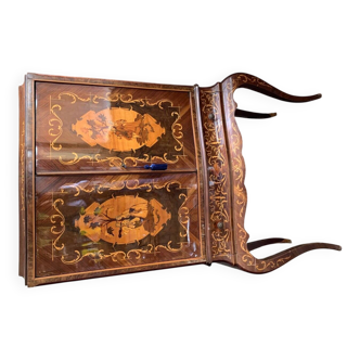 Vintage Italian brown wooden cocktail bar cabinet with inlaid marquetry from the 1950s.