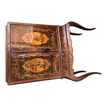 Meuble bar cocktail vintage italien marron en bois incrusté marqueterie années 1950