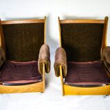 Pair of G-plan saddle back teak armchairs & footstool